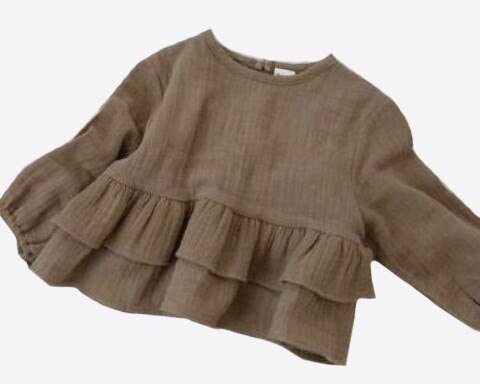 Ruffled Linen Blouse for Girls - Brown & White - JAC