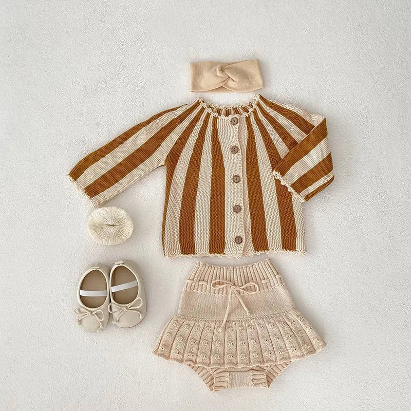 Stripe Knit Cardigan and Beige Bloomers Set for Girls - JAC