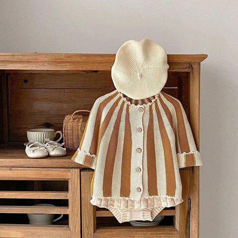 Stripe Knit Cardigan and Beige Bloomers Set for Girls - JAC