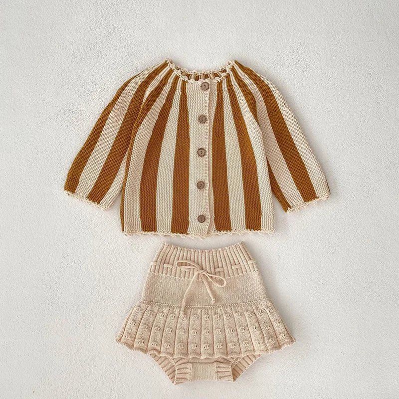 Stripe Knit Cardigan and Beige Bloomers Set for Girls - JAC