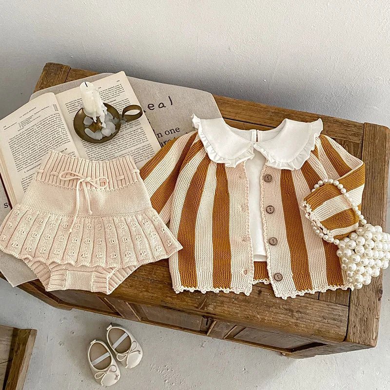 Stripe Knit Cardigan and Beige Bloomers Set for Girls - JAC