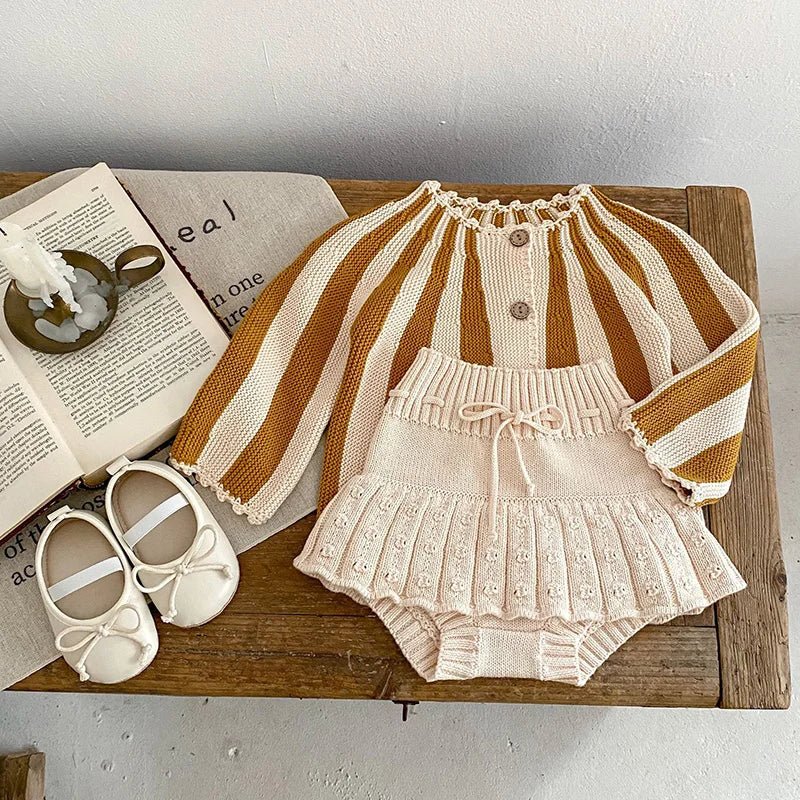 Stripe Knit Cardigan and Beige Bloomers Set for Girls - JAC