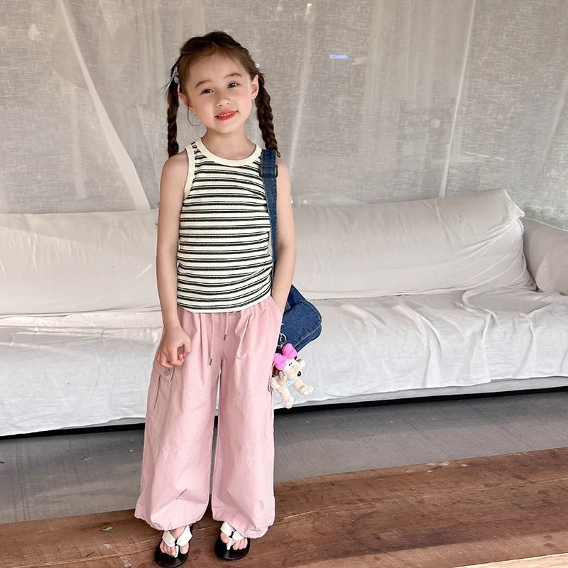 Striped Summer Girls Sleeveless Vest 2024 - Kids' Korean Style Fashionable T - shirt for Casual Wear - JAC