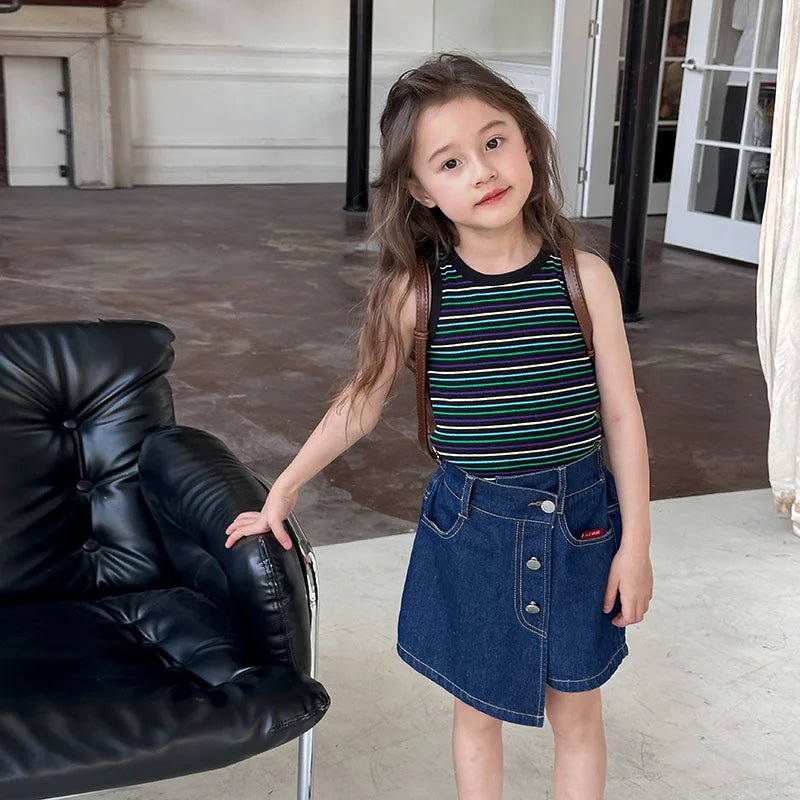 Striped Summer Girls Sleeveless Vest 2024 - Kids' Korean Style Fashionable T - shirt for Casual Wear - JAC