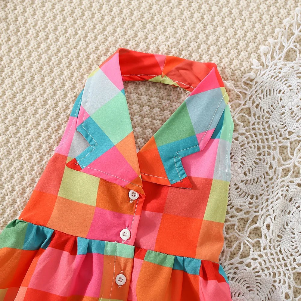 Summer girls dress baby girl with big lapel full of color checkered plaid sleeveless hanging neck princess dress - JAC