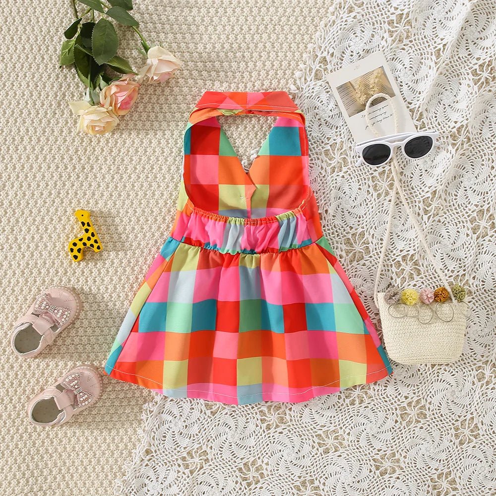 Summer girls dress baby girl with big lapel full of color checkered plaid sleeveless hanging neck princess dress - JAC