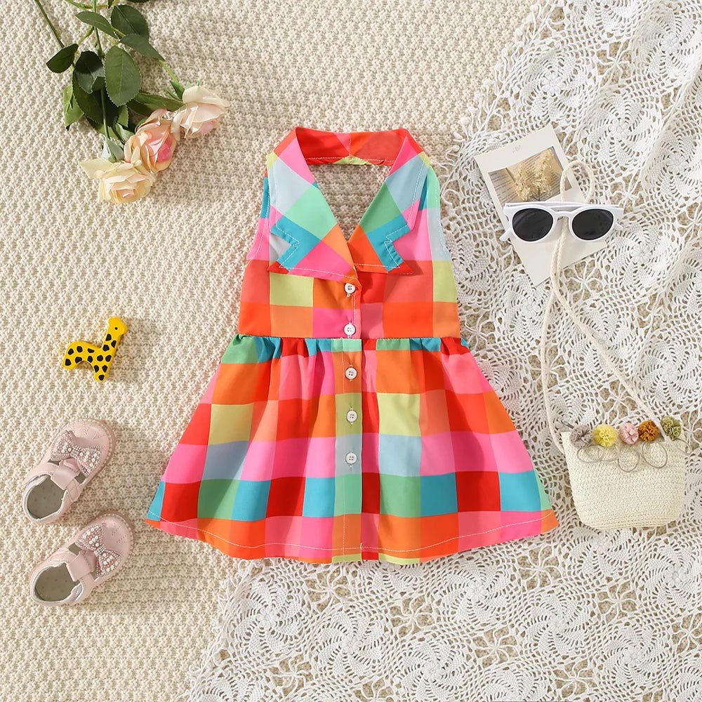 Summer girls dress baby girl with big lapel full of color checkered plaid sleeveless hanging neck princess dress - JAC