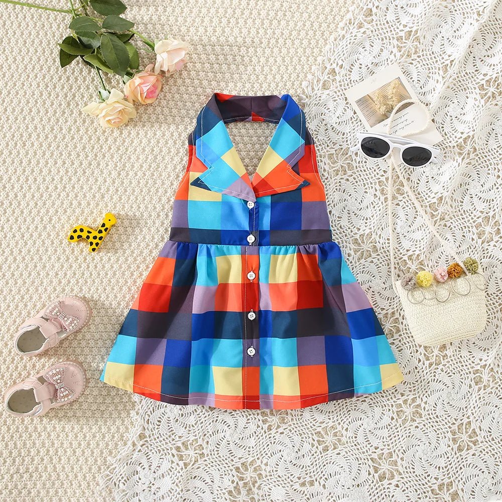 Summer girls dress baby girl with big lapel full of color checkered plaid sleeveless hanging neck princess dress - JAC