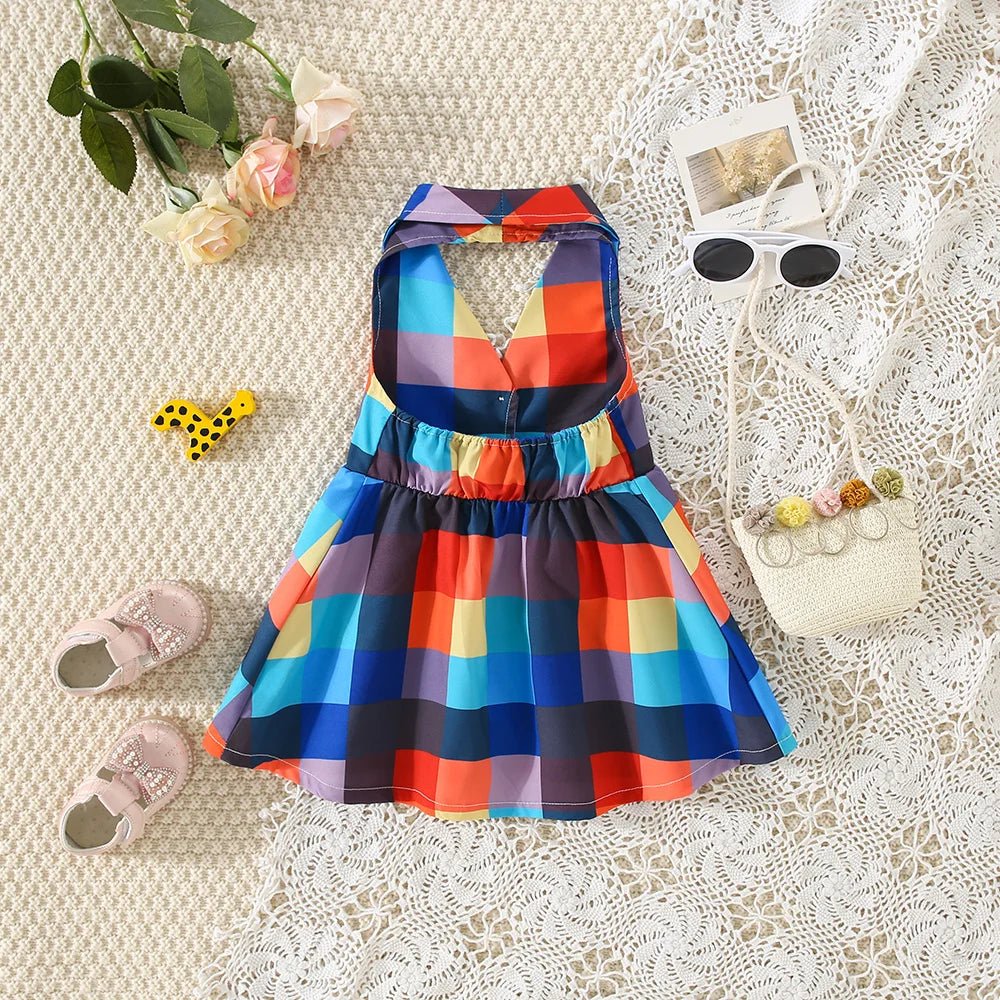 Summer girls dress baby girl with big lapel full of color checkered plaid sleeveless hanging neck princess dress - JAC