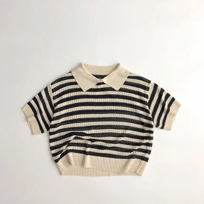 Summer Handcraft Knit Stripe Children Infant T - shirt with Turn down Collar Breathable Stylish Hollow Knitwear Pullover Tops - JAC