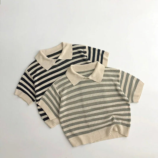 Summer Handcraft Knit Stripe Children Infant T - shirt with Turn down Collar Breathable Stylish Hollow Knitwear Pullover Tops - JAC