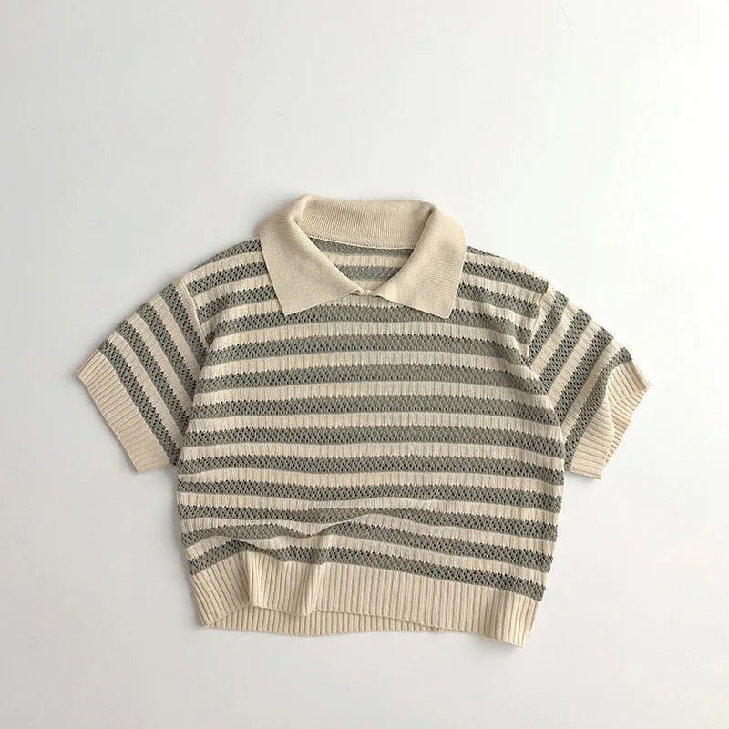 Summer Handcraft Knit Stripe Children Infant T - shirt with Turn down Collar Breathable Stylish Hollow Knitwear Pullover Tops - JAC