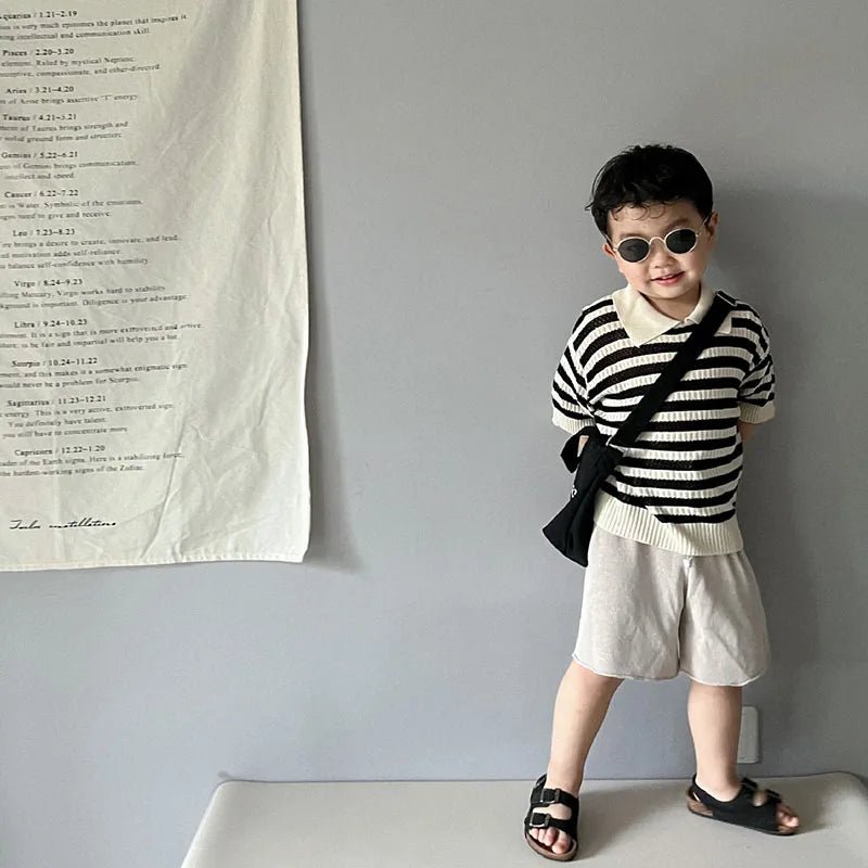 Summer Handcraft Knit Stripe Children Infant T - shirt with Turn down Collar Breathable Stylish Hollow Knitwear Pullover Tops - JAC