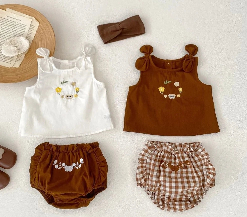 Summer New 0 - 3 Year Old Baby Clothing Cute and Fashionable Girl Set with Versatile Bow Embroidered Tank Top and Butt Shorts - JAC