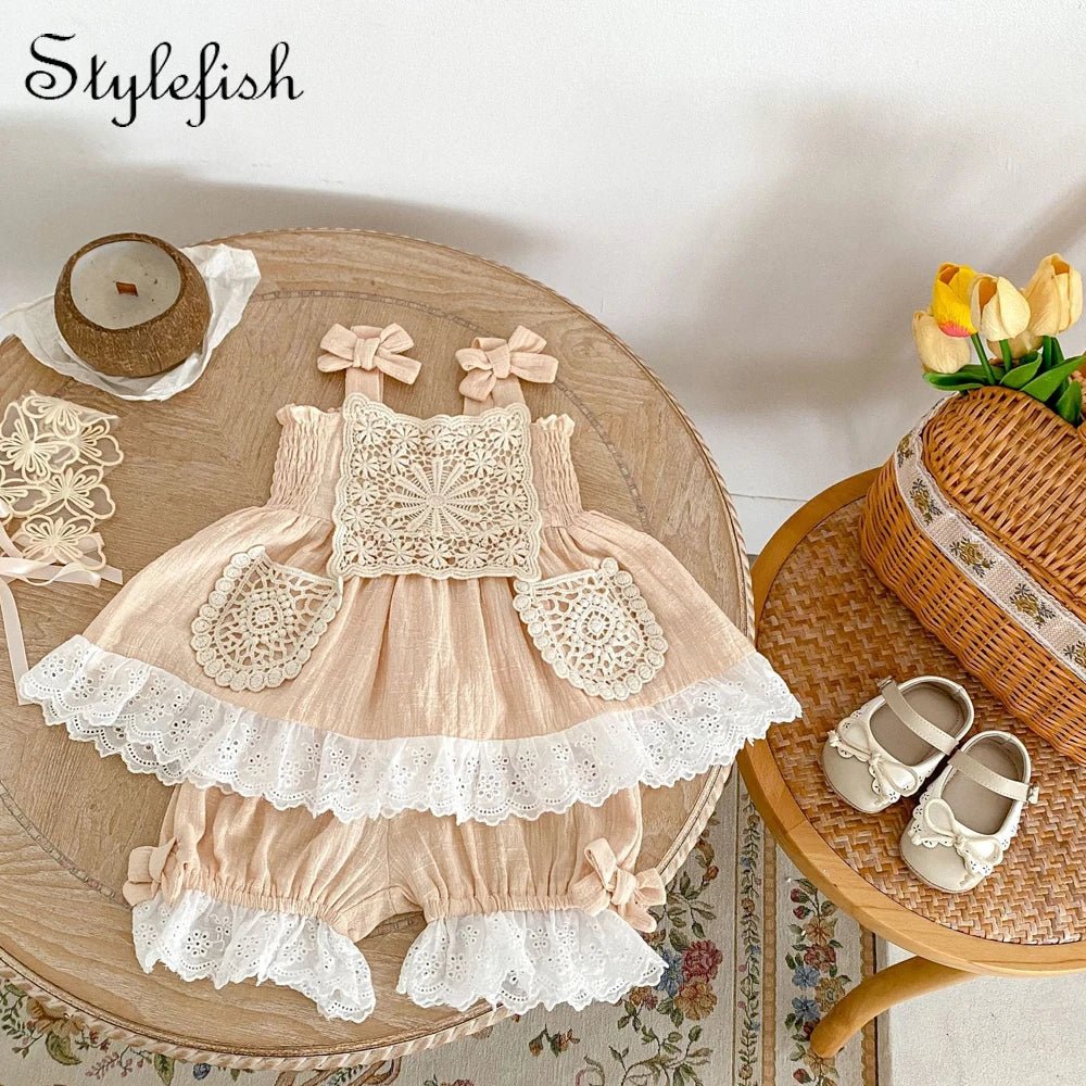 Summer New Baby Clothing 0 - 3 Year Old Girl Bow, Lace, Strap, Tie Up Top+Bread Pants 2 - piece Sweet Set - JAC