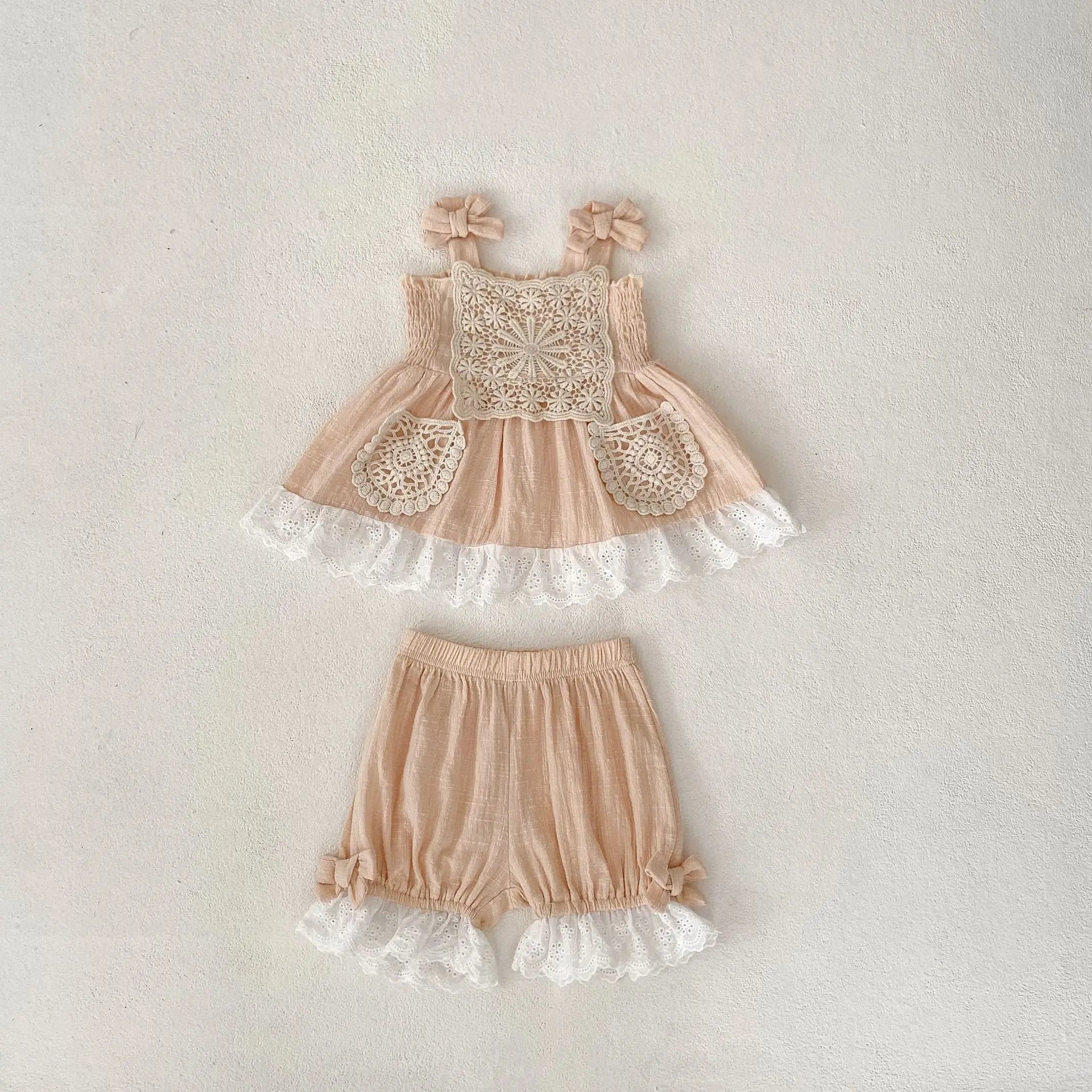 Summer New Baby Clothing 0 - 3 Year Old Girl Bow, Lace, Strap, Tie Up Top+Bread Pants 2 - piece Sweet Set - JAC