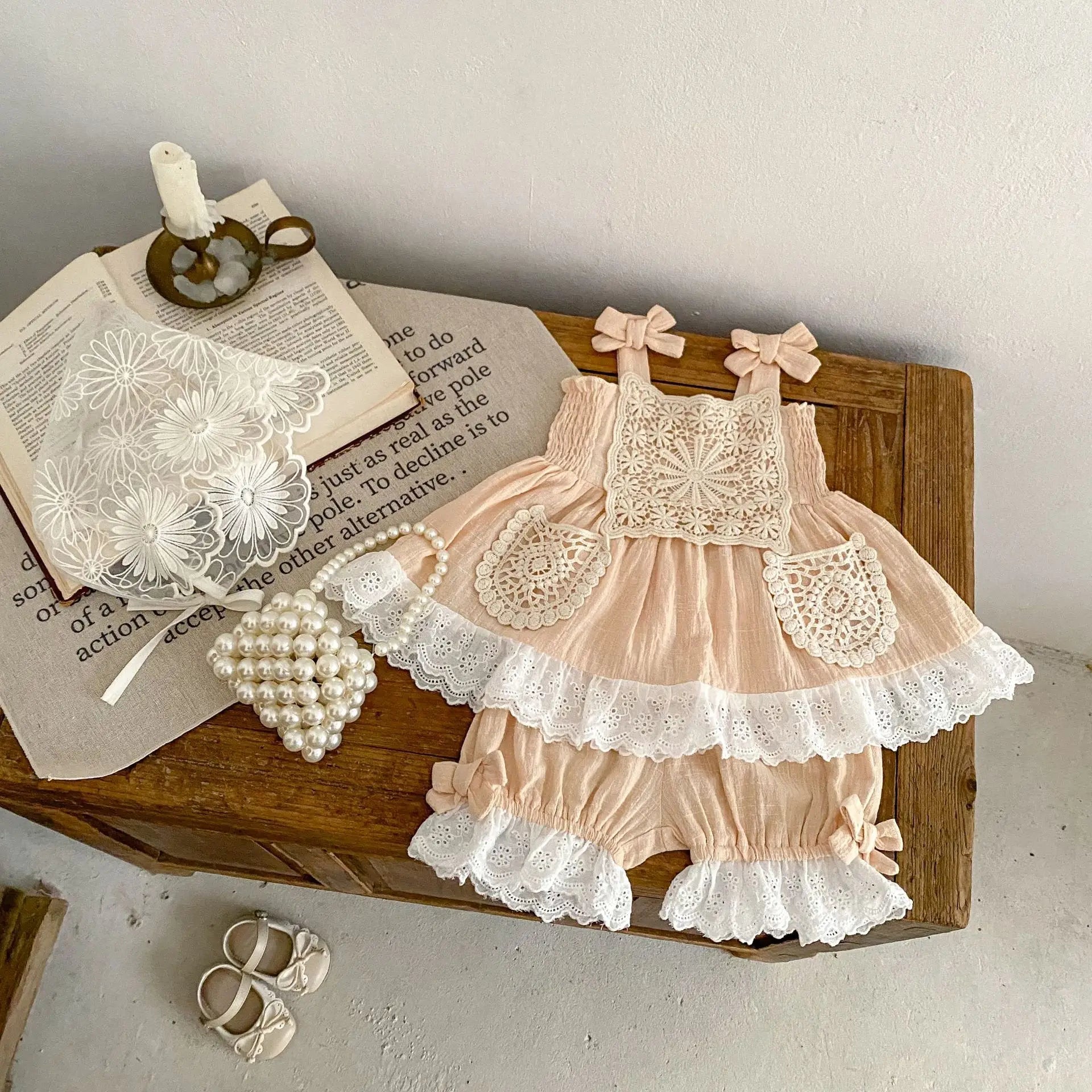 Summer New Baby Clothing 0 - 3 Year Old Girl Bow, Lace, Strap, Tie Up Top+Bread Pants 2 - piece Sweet Set - JAC