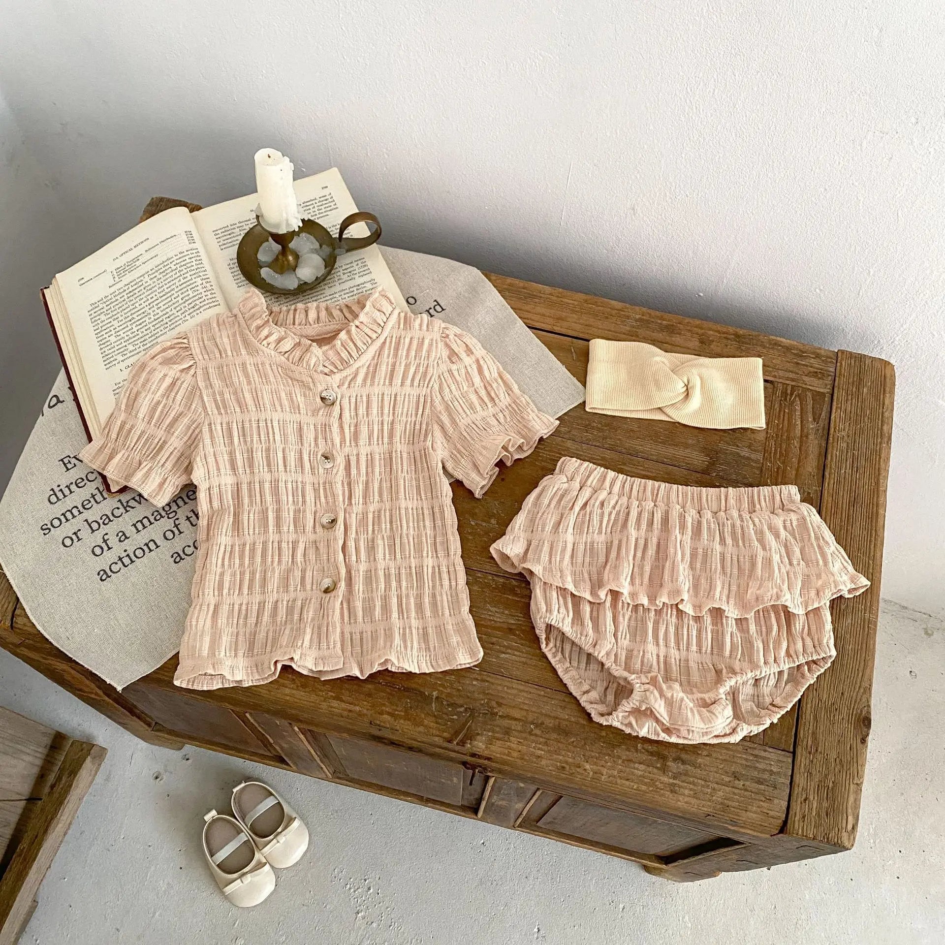 Summer New Baby Clothing Fashionable and Versatile Wooden Ear Collar Short sleeved Top, Small Skirt, Pants Set - JAC