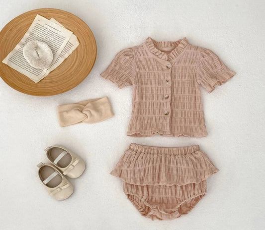 Summer New Baby Clothing Fashionable and Versatile Wooden Ear Collar Short sleeved Top, Small Skirt, Pants Set - JAC