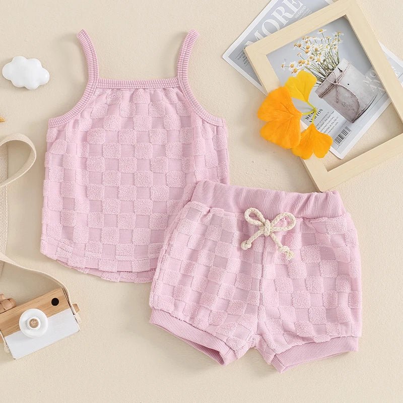 Summer Newborn Baby Girl Solid Color Checkerboard Print Camisole Drawstring Shorts Set Infant Toddler Clothes Casual Outfits - JAC