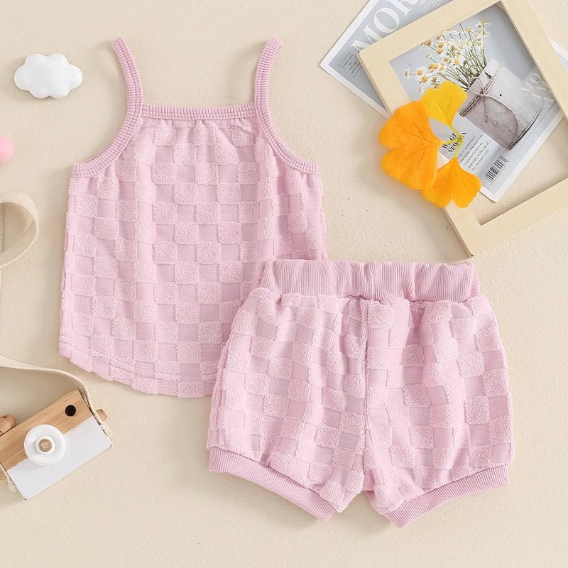 Summer Newborn Baby Girl Solid Color Checkerboard Print Camisole Drawstring Shorts Set Infant Toddler Clothes Casual Outfits - JAC