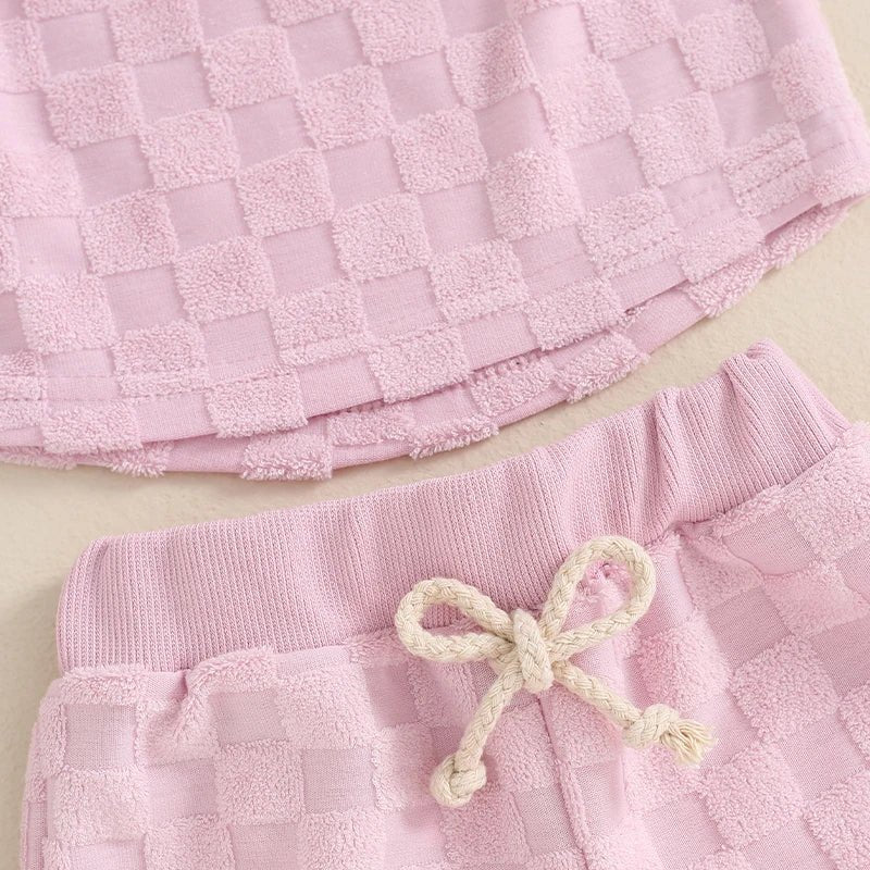 Summer Newborn Baby Girl Solid Color Checkerboard Print Camisole Drawstring Shorts Set Infant Toddler Clothes Casual Outfits - JAC