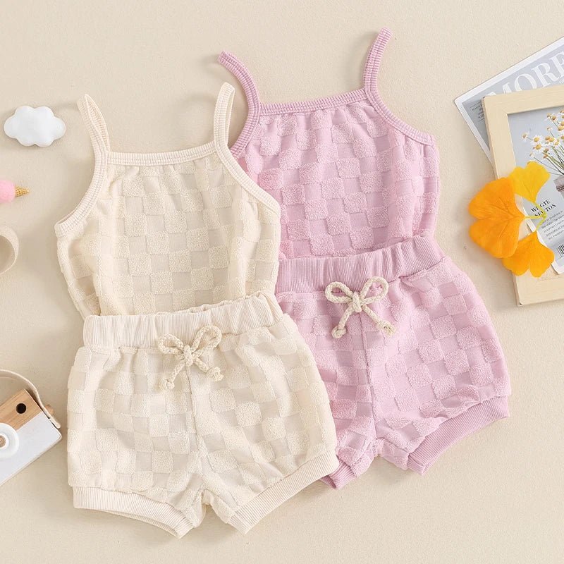 Summer Newborn Baby Girl Solid Color Checkerboard Print Camisole Drawstring Shorts Set Infant Toddler Clothes Casual Outfits - JAC