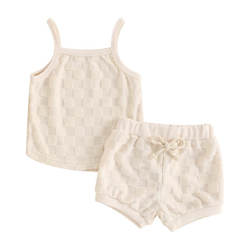 Summer Newborn Baby Girl Solid Color Checkerboard Print Camisole Drawstring Shorts Set Infant Toddler Clothes Casual Outfits - JAC