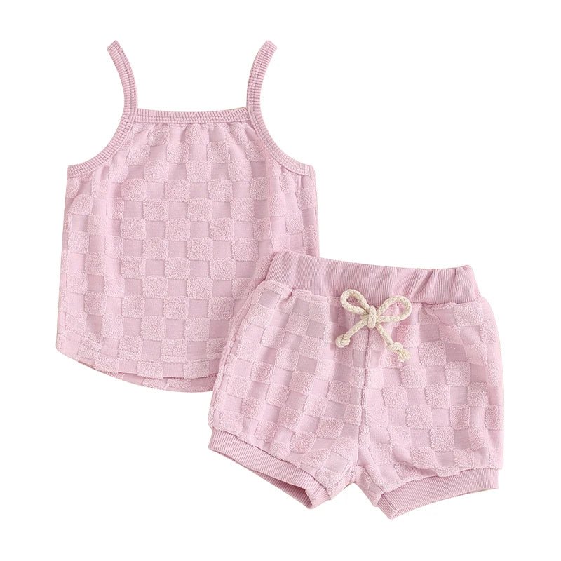 Summer Newborn Baby Girl Solid Color Checkerboard Print Camisole Drawstring Shorts Set Infant Toddler Clothes Casual Outfits - JAC