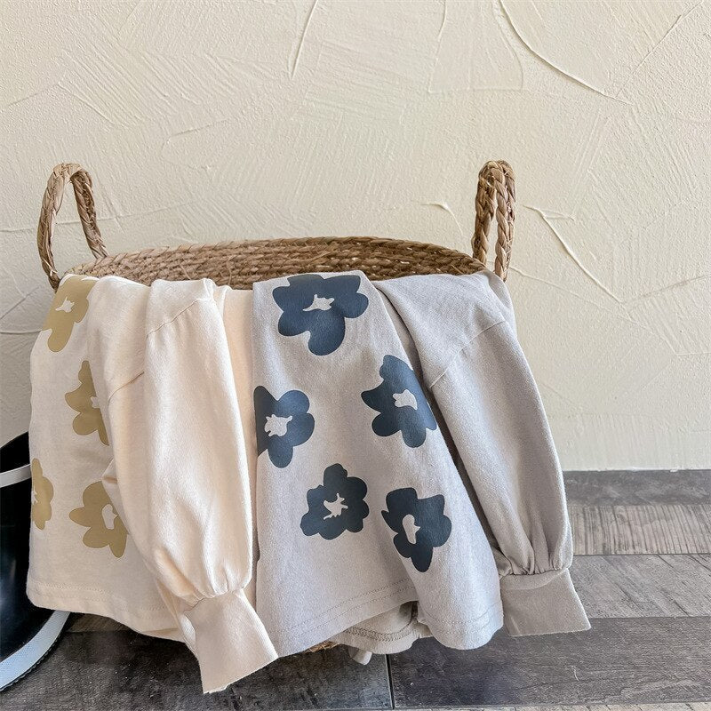 Vintage Floral Kids' Long Sleeve Shirt in Beige & Grey - JAC