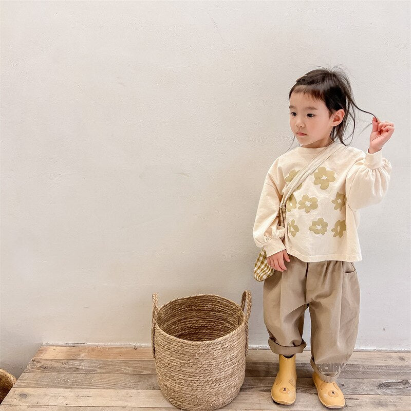 Vintage Floral Kids' Long Sleeve Shirt in Beige & Grey - JAC