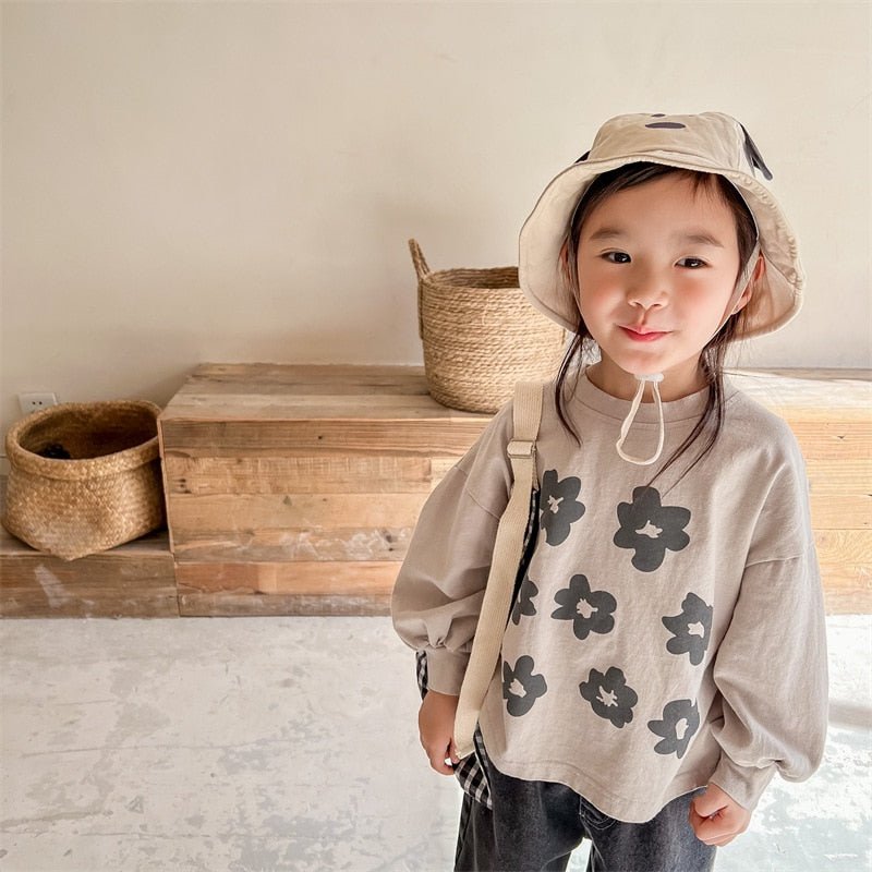 Vintage Floral Kids' Long Sleeve Shirt in Beige & Grey - JAC