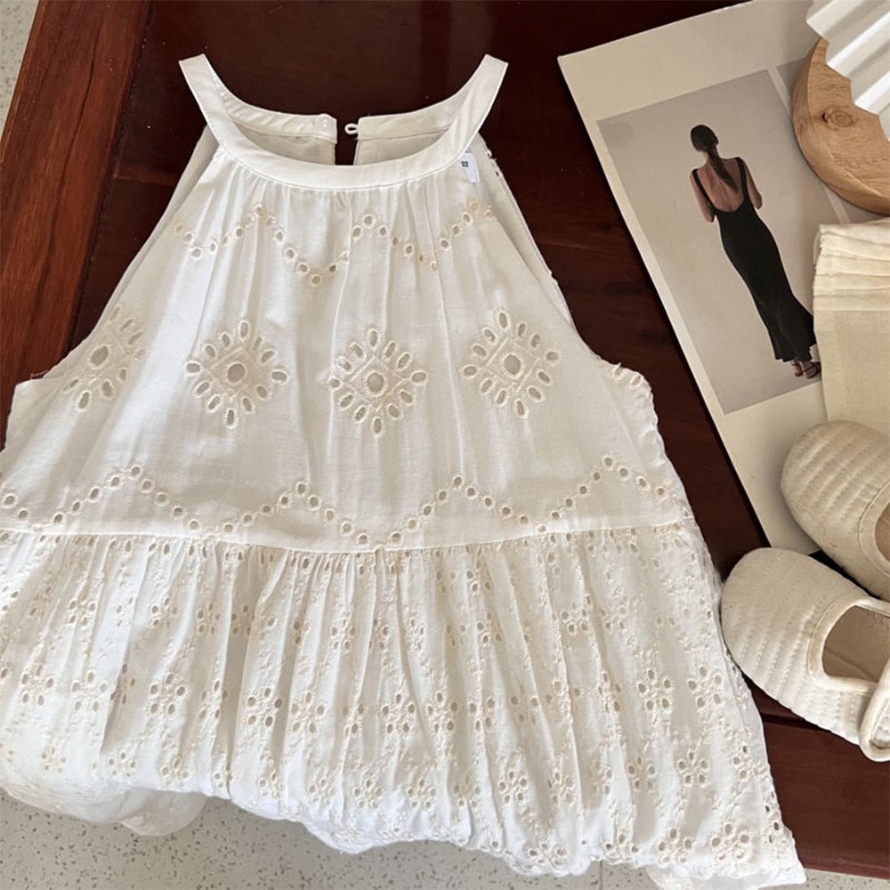 White Cotton Halterneck Day Dress for Girls - JAC