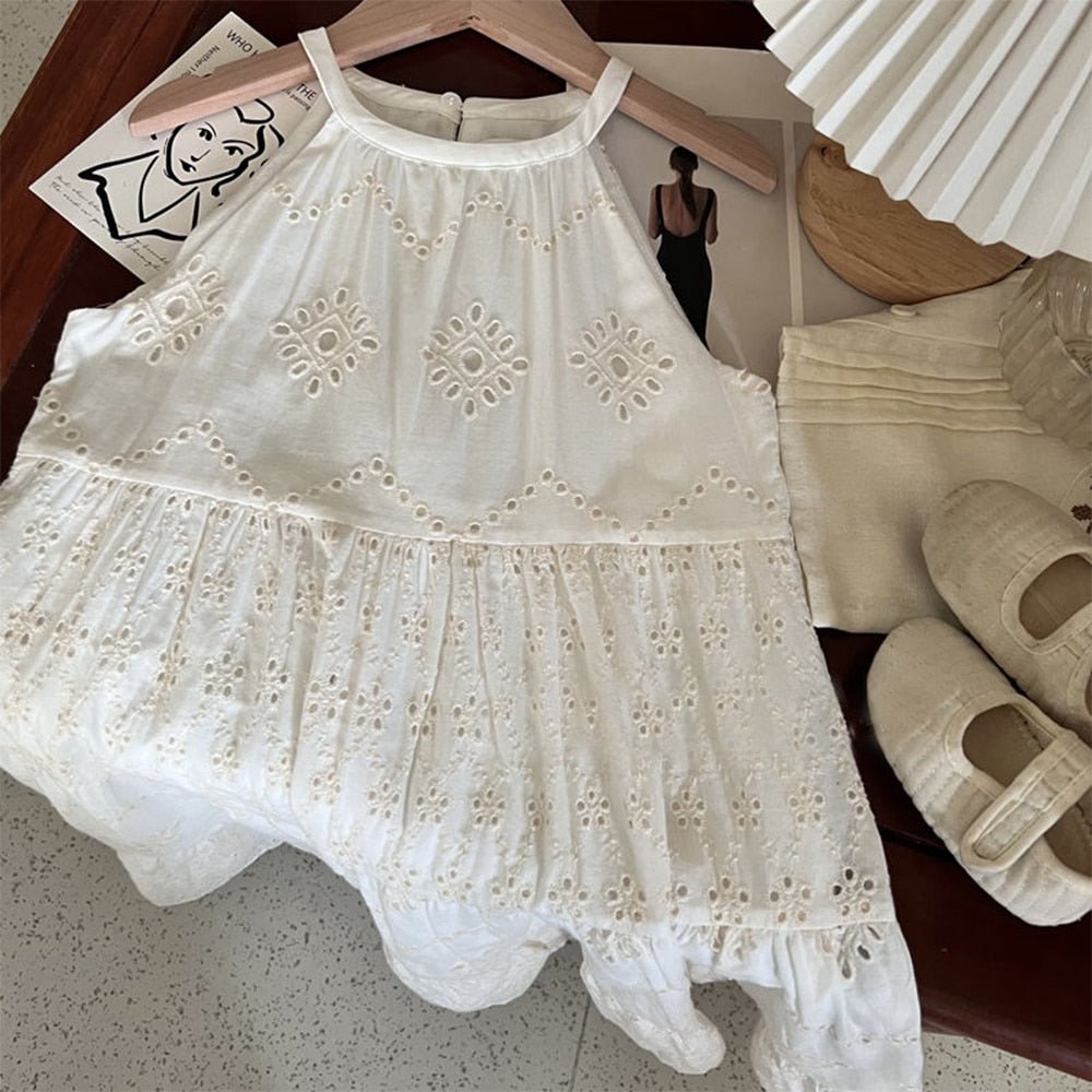 White Cotton Halterneck Day Dress for Girls - JAC