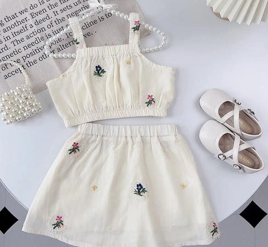 White Embroidered Crop Top and Skirt Set for Girls - JAC